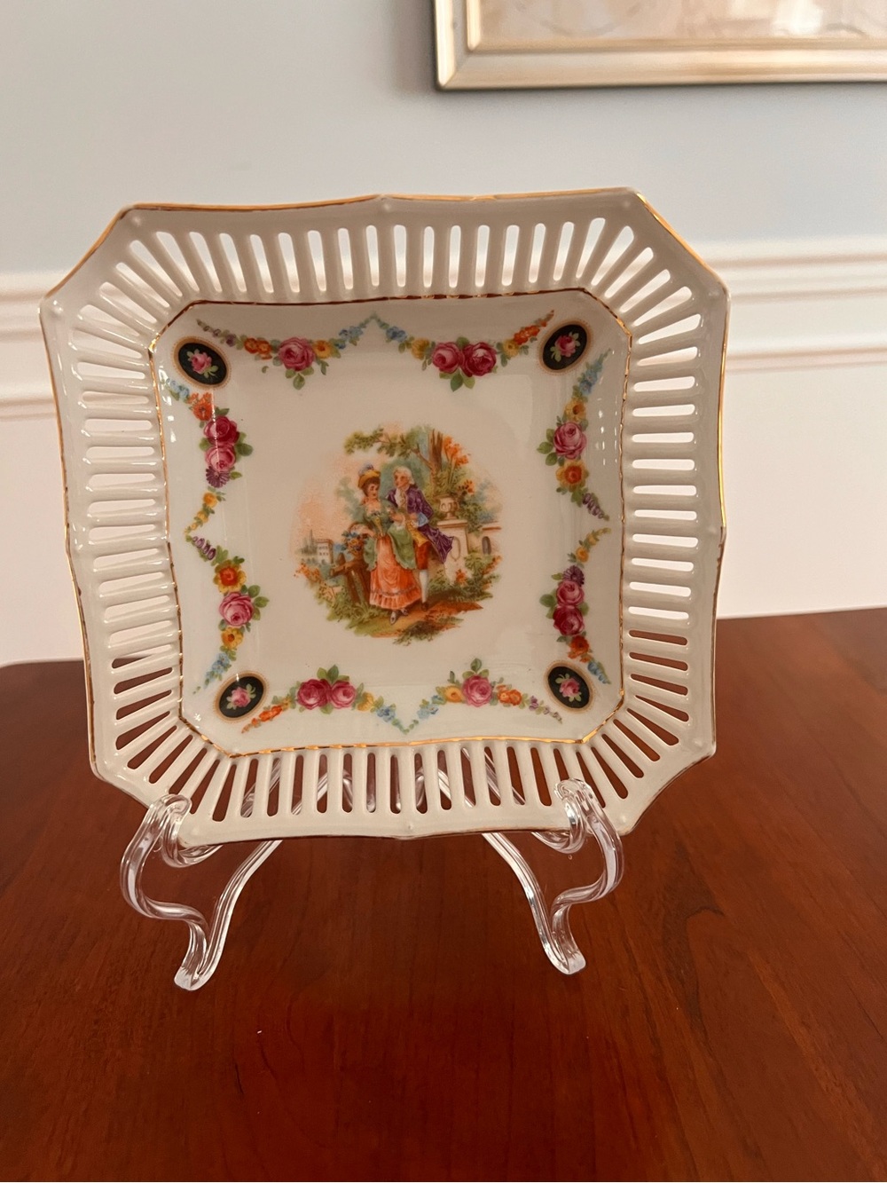 Vintage German Porcelain Square Trinket Dish - Victorian Couple Courting